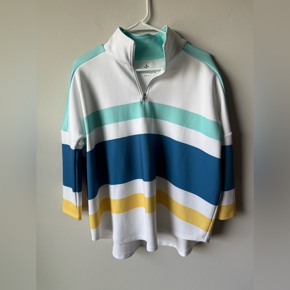 Tuckernuck Sweaters - Tuckernuck White and Teal Half-Zip Oversized Pullover